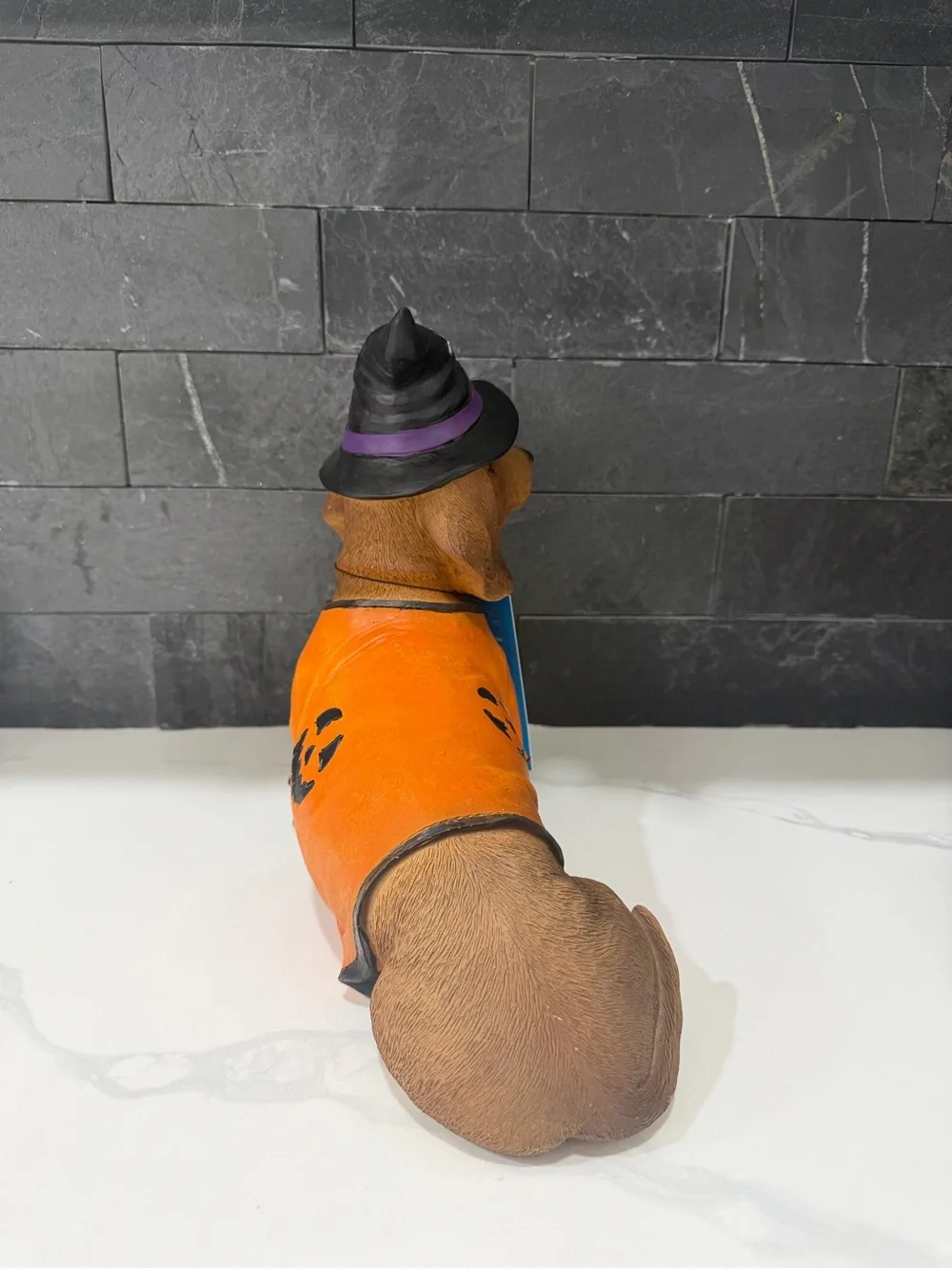 Halloween Dachshund Dog Figurine in Orange Sweater and Black Witch Hat